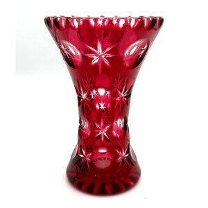 Bohemian Lead Crystal Cut to Clear Cranberry Round Thumb Star Vase VTG